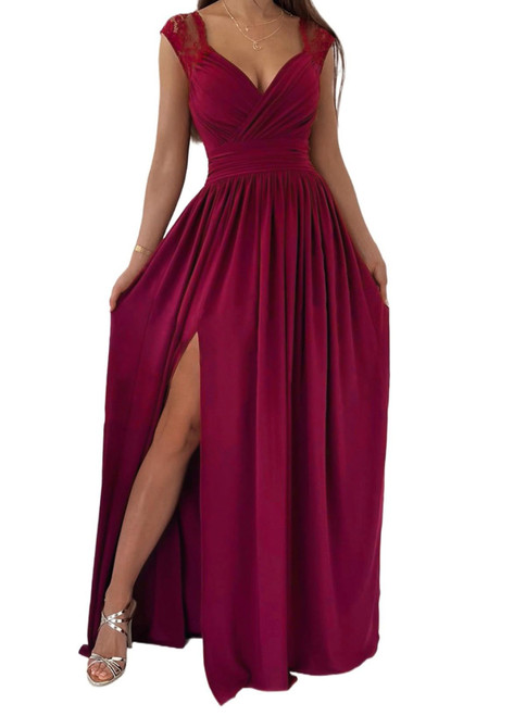 Dokotoo Womens Ladies Elegant Floor Length A Line Wrap Deep V Neck Backless Ruched Pleated Ruffled Split Long Maxi Formal Evening Party Prom Dress Bridesmaid Wedding Guest Dresses for Women Red M