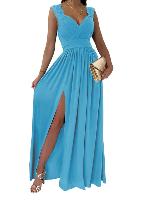 Dokotoo Womens Ladies Elegant Floor Length A Line Wrap Deep V Neck Backless Ruched Pleated Ruffled Split Long Maxi Formal Evening Party Prom Dress Bridesmaid Wedding Guest Dresses for Women Blue XL