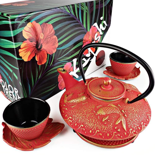 KIYOSHI Luxury 7PC Japanese Tea Set."Red Koi" Cast Iron Tea Pot with 2 Tea Cups, 2 Saucers, Loose Leaf Tea Infuser and Teapot Trivet. Ceremonial Matcha Accessories