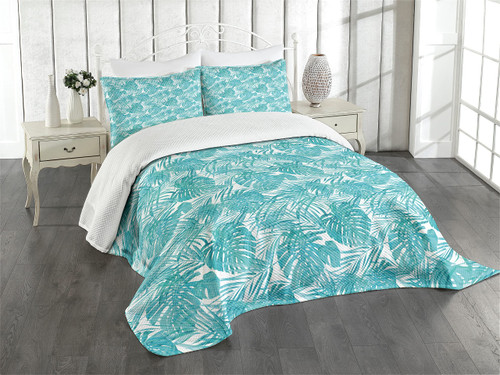 Lunarable Pale Blue Bedspread, Camouflage Pattern Tropical Summer Theme Palm Tree Leaves Hawaiian, Decorative Quilted 3 Piece Coverlet Set with 2 Pillow Shams, King Size, Turquoise Blue