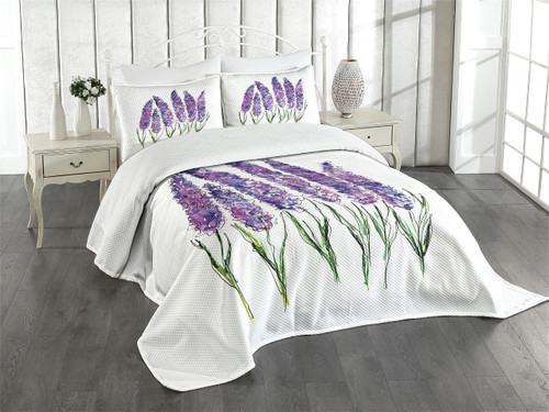 Lunarable Watercolor Flower Bedspread, Illustration of Lavender Flowers Fresh Colors Mint Family Plant, Decorative Quilted 3 Piece Coverlet Set with 2 Pillow Shams, King Size, Violet White