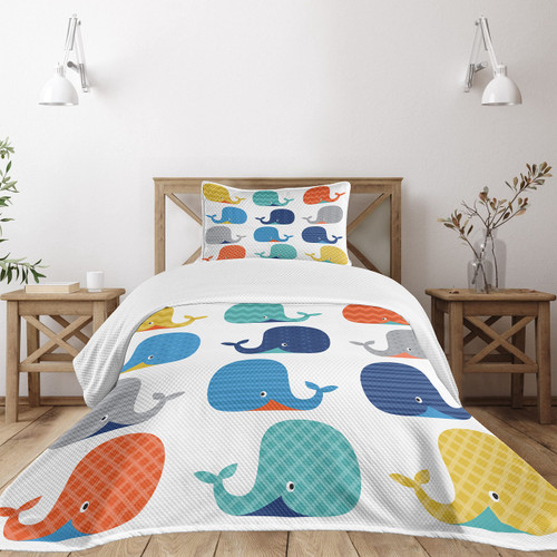 Lunarable Cartoon Bedspread, Fish Sea Nautical Funny Colorful Whales in Stripes Dots Geometric Zig Zag Chevron, Decorative Quilted 2 Piece Coverlet Set with Pillow Sham, Twin Size, Blue