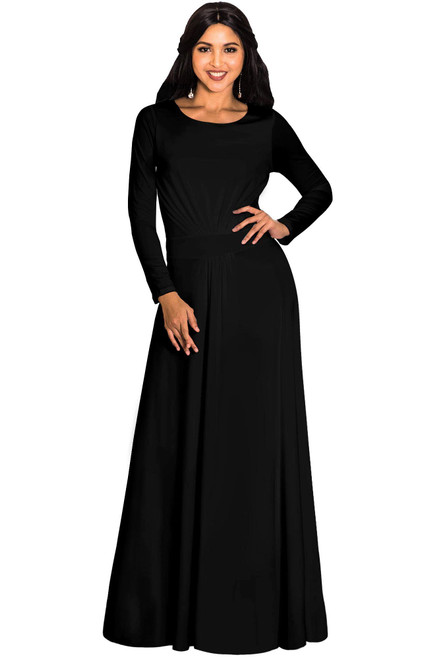 KOH KOH Petite Womens Long Full Sleeve Sleeves Flowy Empire Waist Fall Winter Modest Formal Floor Length Abaya Muslim Gown Gowns Soft Jersey Maxi Dress Dresses, Black S 4-6