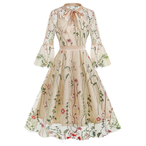 Bow Tie Neck Floral Embroidery Dress for Women Flower Embroidery Tulle Prom Dress 2 Piece Dress Embroidered Floral Mesh Dress Illusion Sheer 3/4 Bell Sleeve Formal Short Homecoming Dresses Apricot S