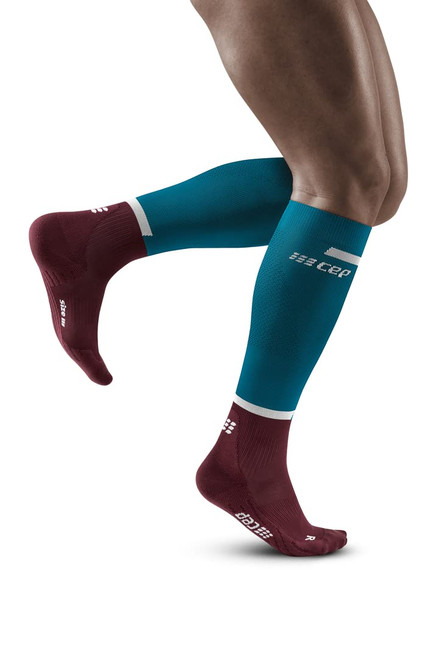 CEP Men's Tall Running Compression Socks 4.0 | Athletic Long Performance Socks, Petrol/Dark Red, Men, IV