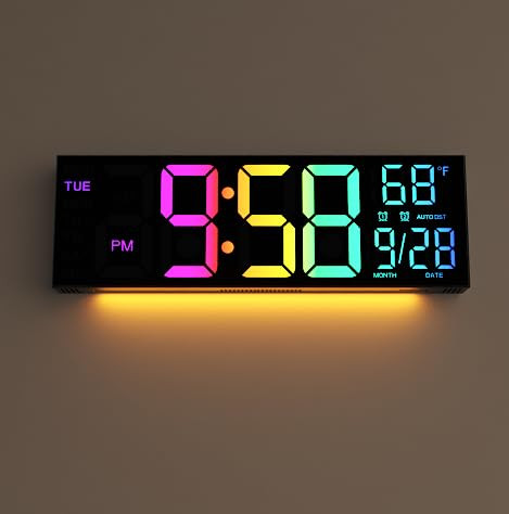 Digital Wall Clock Large Display, 16.2" Digital Wall Clock with RGB Color Changing Remote Control, Automatic Brightness Dimmer with Night Lights, Auto DST, Date Week,Temperature