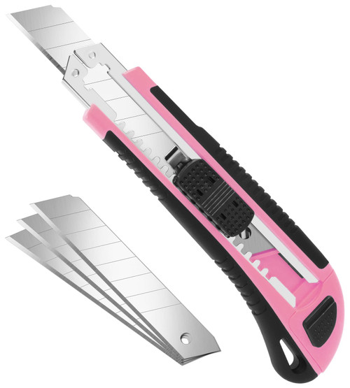 TIFICAL Box Cutter, Box Cutter Retractable Self Loading, Heavy Duty Utility Knife, 18mm-Wide Blade Box Knife, Box Opener Tool with Rubber Handle, Retractable Knife Paper Knife Exacto Knife, Pink