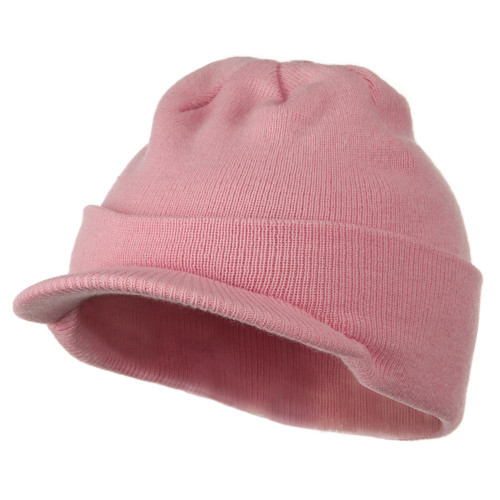 MG Cuff Knitted Beanie with Visor Bill - Light Pink OSFM
