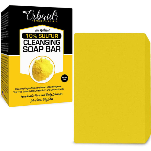 10% Sulfur Soap Cleansing Bar for Face & Body  All Natural Sulfur Facial Cleanser for Acne, Oily Skin  Skincare Blend of Lemongrass, Tea Tree Essential Oil, Vitamin E, Coconut Milk  Sulfur Soap Bar Made in USA (4 Ounce (Pack of 1))