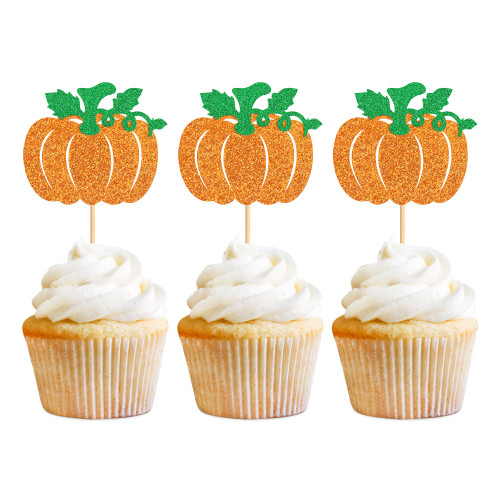 Ercadio 24 Pack Pumpkin Cupcake Toppers Orange Glitter Fall Harvest Theme Pumpkin Cupcake Picks for Thanksgiving Day Theme Birthday Baby Shower Party Cake Decorations Supplies