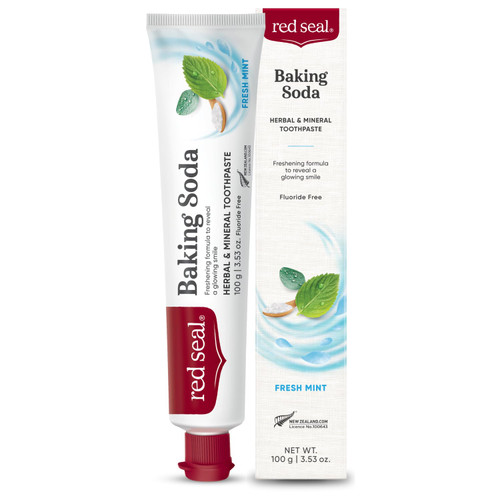 Red Seal Baking Soda Toothpaste - Fluoride-Free Herbal & Mineral Formula, Vegan-Friendly, Cruelty-Free, SLS and Paraben-Free, No Artificial Flavors, NATRUE Certified Natural, Dry Mouth Relief, 3.53 oz