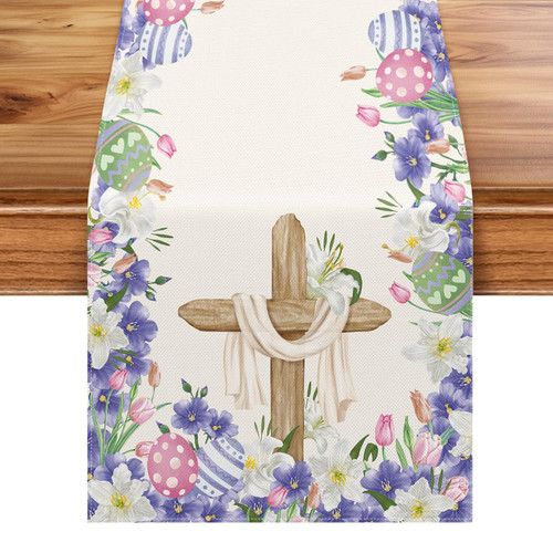 NLUS He is Risen Table Runner Easter Egg Christian Cross Lily Flowers Spring Jesus Ressurrection Holiday Party Home Kitchen Dining Room Decoration (13" x 72")
