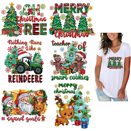 Christmas Iron On Transfers for T-Shirts Cute Reindeer Iron Patches Green Tree Snowflake Elk Santa Clause Snowman Letter Xmas Appliques DIY Decals Heat Transfer Stickers for Jackets Hoodies