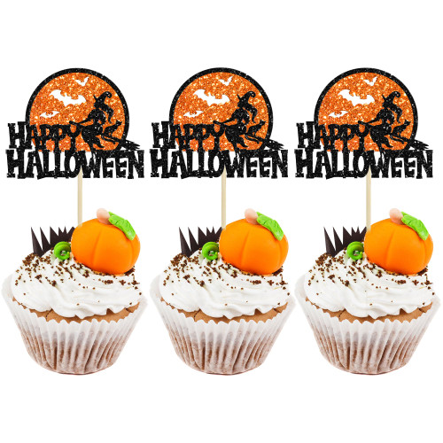 Gyufise 24Pcs Halloween Cupcake Toppers Orange Glitter Witch Bat Halloween Cake Topper Decorations for Happy Halloween Theme Baby Shower Birthday Party Supplies