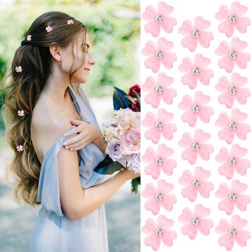 YISSION 20Pcs Mini Pink Flower Hair Clips with Rhinestone Cute Hair Pins Decorative Hair Clips Wedding Hair Barrettes Bridal Hair Accessories for Girls Women