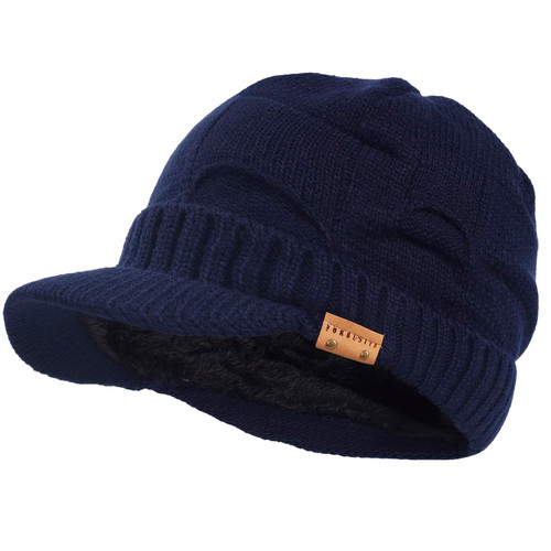 Winter Visor Beanie Men and Women Cold Weather Thick Fleece Knitted Hat with Bill(B327-Blue)