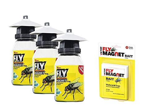 Victor M380 Fly Magnet 1-Quart Reusable Trap With Bait, 3 Pack and 3 Extra Fly Magnet Bait Packs