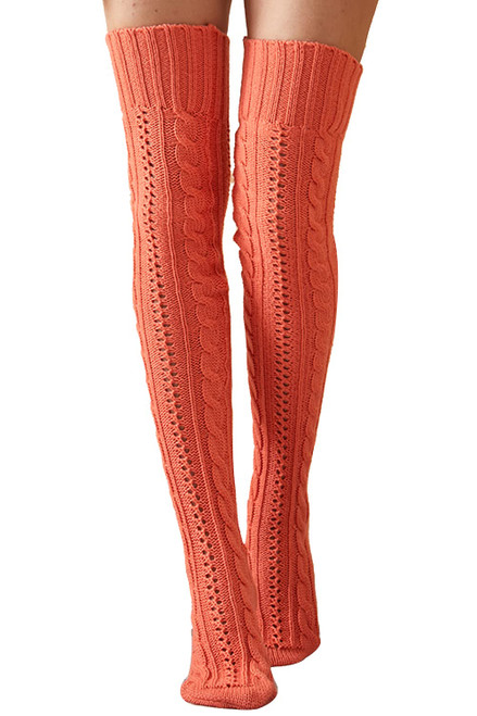 YELAIVP Slouch Cable Knit Thigh High Socks for Women Over The Knee Extra Long Boots Stocking Leg Warmers Orange