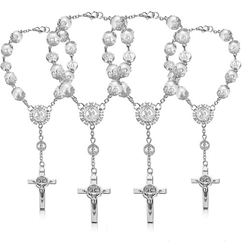 Saint Benedict Car Rosary 4 Pcs White Rearview Mirror Auto Rosary Hanging Personalized Car Cross Blessing Catholic Car Medal for Truck Bike Motorcycle Car Mirror Hanging Accessories Decors