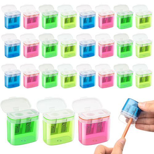 JEFURE 24Pcs 2 Holes Small Manual Pencil Sharpener with Lid, Colored Handheld Dual Hole Pencil Sharpeners Bulk, Crayon Colored Pencils Sharpener, Pencil Sharpener for Kids, Office, School, Classroom