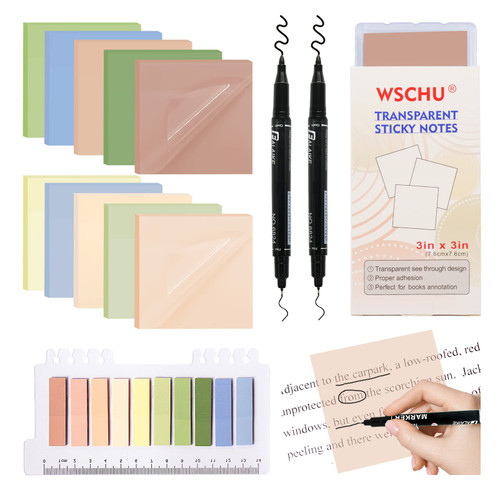 WSCHU 700 Sheets Pastel Transparent Sticky Notes, 10 Morandi Colors Clear Sticky Notes with 2 Pens, 3"x3"Translucent See Through Sticky Notes Easy Post at Bible Journaling Study Supplies