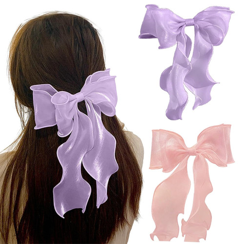 papasgix Hair Bows Clips for Women, Hair Ribbons Big Hair Bow Clips Solid Color Long Silk Ribbon Bow Hair Clip Silk Hair Bows Ribbon for Women Girls (A-2Pcs-Purple+Pink)