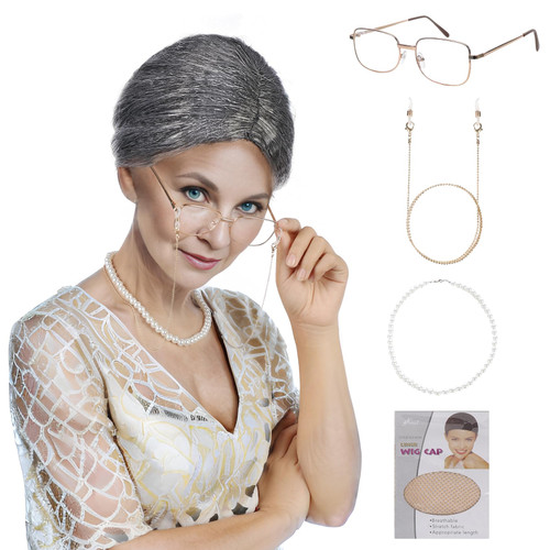 MUPIL Gray Old Lady Costume Wig Set Grandma Wig And Costume For women Granny Wig Costume For Adults Old Lady Costume Wig For Kids For Christmas Gift
