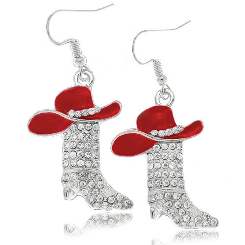 Rhinestone Western Boots Earrings Cowgirl Cowboy Enamel Hat Bohemian Rodeo Boot Drop Dangle Earrings for Women Girls Red Hat