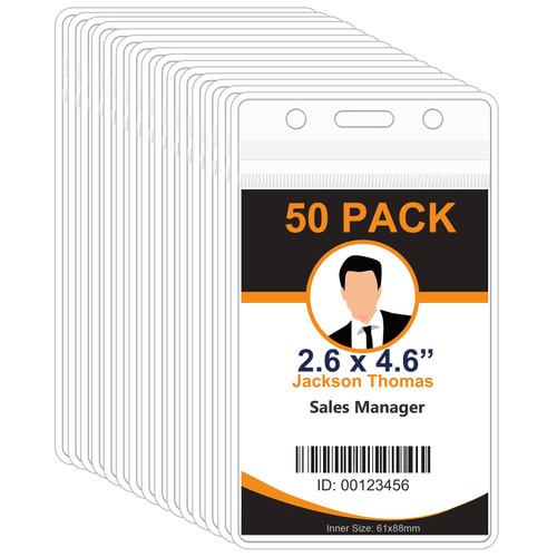 50 Pack Clear Badge Holder, Plastic ID Card Holder Vertical Name Tag Holder Waterproof Badge Holders for Name Tag ID Card Badge with Waterproof Type Resealable Zip (Horizontal) (Vertical)