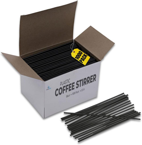 1InTheHome Plastic Stirrer Straw, Disposable Stir Sticks for Coffe & Cocktails, Plastic Sip Stir Sticks, 5.5 Inch, Black, 1,000 Pack