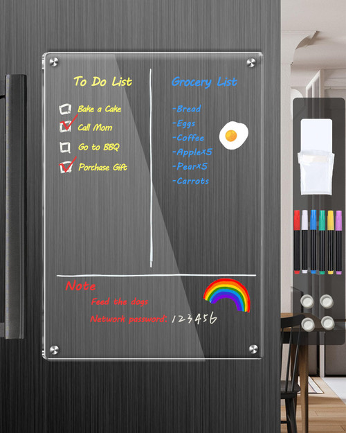 bamandan Clear Acrylic Magnetic Dry Erase Board for Fridge,12"x8" Magnetic Whiteboard for Fridge, Magnetic Weekly Planner Calendar for Refrigerator Includes 6 Colors Markers