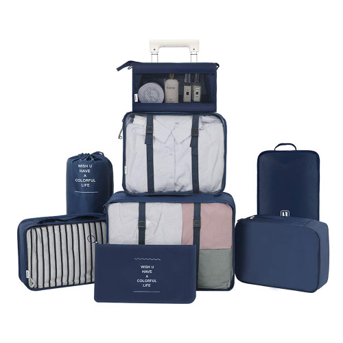 Belsmi 8 Set Packing Cubes with Shoe Bag - Compression Travel Luggage Organizer (Navy Blue)