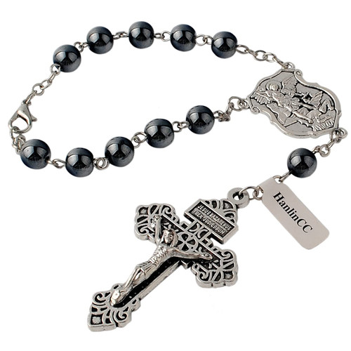 HanlinCC Saint Michael Evil Protection One Decade Catholic Rosary for Car or Truck Rearview Mirror (Anti-Silver Car Rosary)