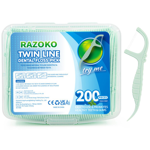 RAZOKO Twin-Line Dental Floss Picks,Extra Strong Flosser Pick Toothpicks,Double Cleaning Teeth Tooth,Fresh Mint Flavor,200 Count