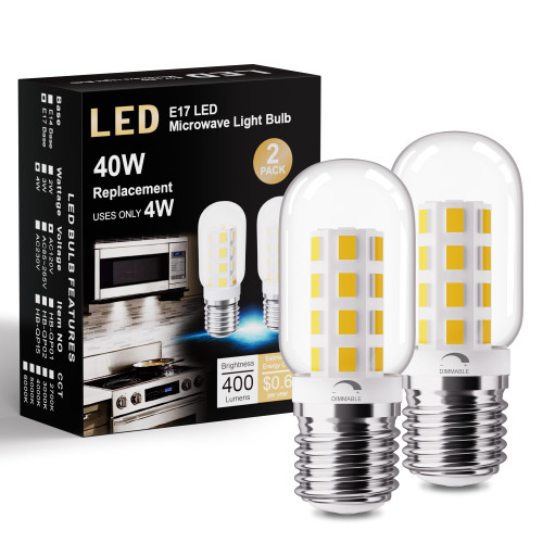 winshine Microwave Light Bulbs Under Hood, Dimmable E17 LED Bulb, 3000K Warm White, 40 Watt Appliance Bulb for Refrigerator, Range Hood, Stove Hood, Oven Light Bulb 4W, 400LM, CRI 90, 2 Pack