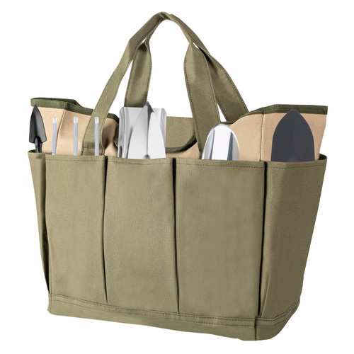 DOONARCES 7.9 Gal Gardening Tote Bag Heavy Duty Garden Tool Bucket Bag with Pockets&Handle, Tool Organizer Bag Oxford Cloth Tool Storage Tote for Gardener (Green+Khaki)