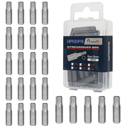 HPHOPE T40 Screwdriver Bit Set, Torx Bits T40, 1/4" Hexagon Bit (Length: 1", 25 Pack)