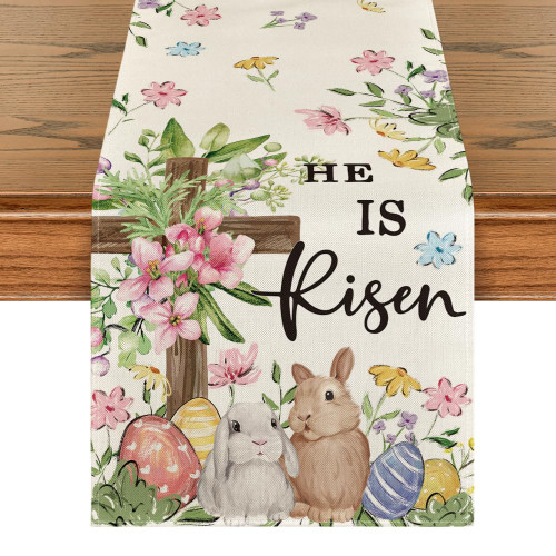 Artoid Mode Bunny Rabbits Eggs He is Risen Easter Table Runner, Seasonal Spring Kitchen Dining Table Decoration for Home Party Decor 13x72 Inch Artoid Mode Bunny Rabbits Eggs He is Risen Easter Table Runner, Seasonal Spring Kitchen Dining Table Decoration for Home Party Decor 13x72 Inch