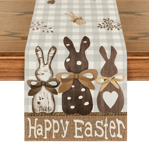 Artoid Mode Buffalo Plaid Wood Bunny Rabbits Happy Easter Table Runner, Seasonal Spring Kitchen Dining Table Decoration for Home Party Decor 13x72 Inch Artoid Mode Buffalo Plaid Wood Bunny Rabbits Happy Easter Table Runner, Seasonal Spring Kitchen Dining Table Decoration for Home Party Decor 13x72 Inch