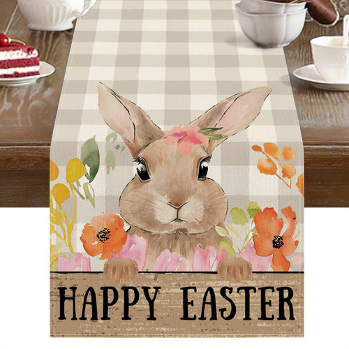 DLZDN Easter Bunny Table Runner Floral Rabbit Table Runner Rustic Buffalo Plaid Seasonal Holiday Home Kitchen Dining Table Home Party Decor 13x72 Inch