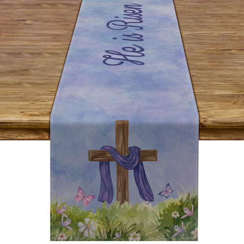 Pudodo He is Risen Table Runner Easter Christian Cross Resurrection Spring Holiday Party Kitchen Dining Home Decoration