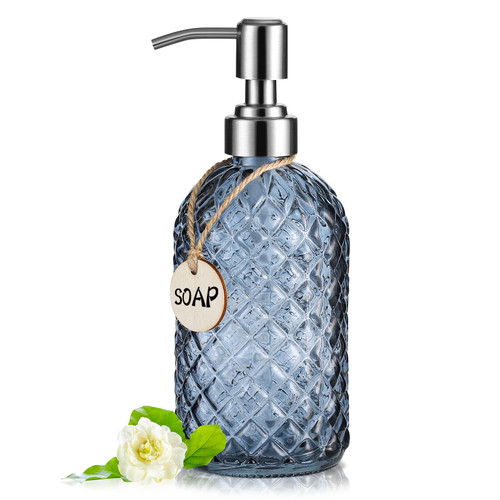 MOCLIF 16 OZ Clear Soap Dispenser with 304 Rustproof Stainless Steel Pump Bathroom Kitchen,Soap Dispenser,Refillable Liquid Glass Soap Dispenser for Hand Soap, Dish Soap, Lotion(Blue Gray)