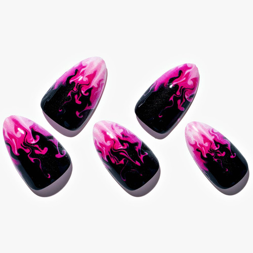 GLAMERMAID Press on Nails Short Almond, Gothic Pink Flame French Tip Glue on Gel Nails, 30Pcs Glossy Short Stiletto Acrylic False Nails Reusable UV Finish Full Cover Stick on Nails for Women Gifts