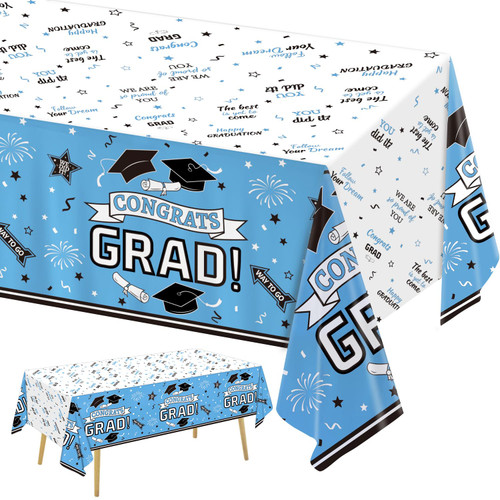 Oigco Graduation Party Decorations, Congrats Grad Graduation Tablecloth for 2024 Graduation Party Supplies, 3 Pack Sky Blue Disposable Plastic Table Cloths, 54"x108"