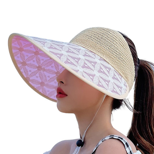 Sun Visors for Women Summer Ponytail Foldable Straw Beach Hat with UPF 50+ Sun Protecetion Wide Brim Sun Hats Adjustable Topless Beach Hats Summer UV Protection Beach Hat Beige