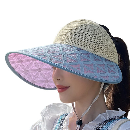 Sun Visors for Women Summer Ponytail Foldable Straw Beach Hat with UPF 50+ Sun Protecetion Wide Brim Sun Hats Adjustable Topless Beach Hats Summer UV Protection Beach Hat Sky Blue