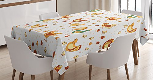 Ambesonne Gallus Tablecloth, Rooster Hen and Chicks Dotted Background Family April Eggs Feast Field, Dining Room Kitchen Rectangular Table Cover, 60 W X 90 L Inches, Teal Ginger Dark Orange