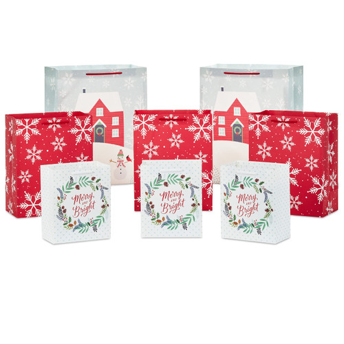 Hallmark Rustic Christmas Gift Bag Assortment (8 Bags: 3 Small 6", 3 Medium 9", 2 Large 13") Gray, White and Red, Farmhouse, Snowman, Snowflakes, Merry and Bright" Wreath Hallmark Rustic Christmas Gift Bag Assortment (8 Bags: 3 Small 6", 3 Medium 9", 2 Large 13") Gray, White and Red, Farmhouse, Snowman, Snowflakes, Merry and Bright" Wreath