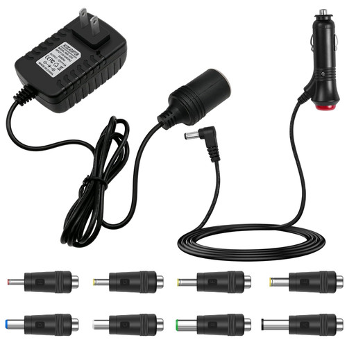 12V 3A AC to DC Converter 100V-240V to 12V Car Cigarette Lighter Socket Power Adapter, DC 5.5x2.1mm Car Charger 12v Cigarette Lighter Plug with Switch, 8 DC Connectors