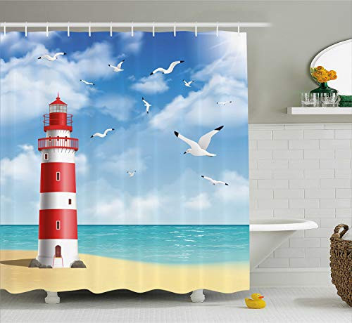 Ambesonne Beach Shower Curtain, Realistic Illustration Lighthouse on Calm Seashore Flying Seagulls Ocean Scenery, Cloth Fabric Bathroom Decor Set with Hooks, 75 Inches Long, Vermilion Blue